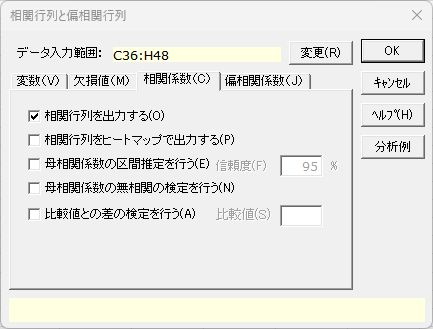 「相関行列と偏相関行列」ダイアログ 「相関係数」タブ
