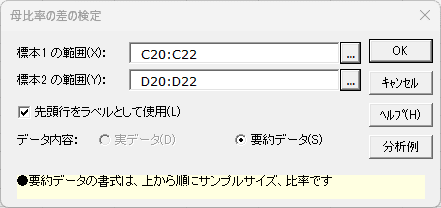 「母比率の差の検定」ダイアログ