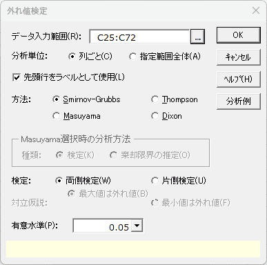 「外れ値検定」ダイアログ