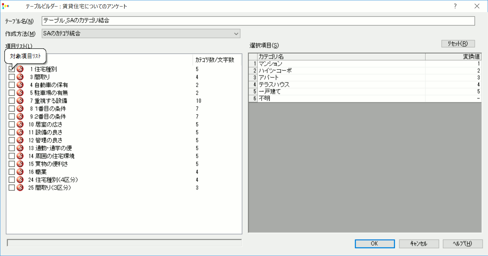 項目リストとカテゴリ名が表示される